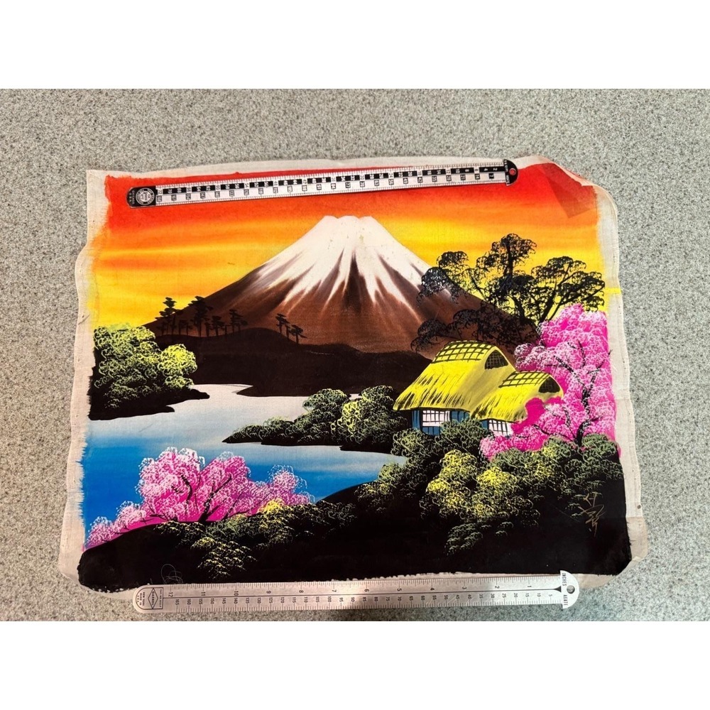 Vintage Hand Painted Japanese Silk Mount Fuji Landscape Signed Textile Art 19x14